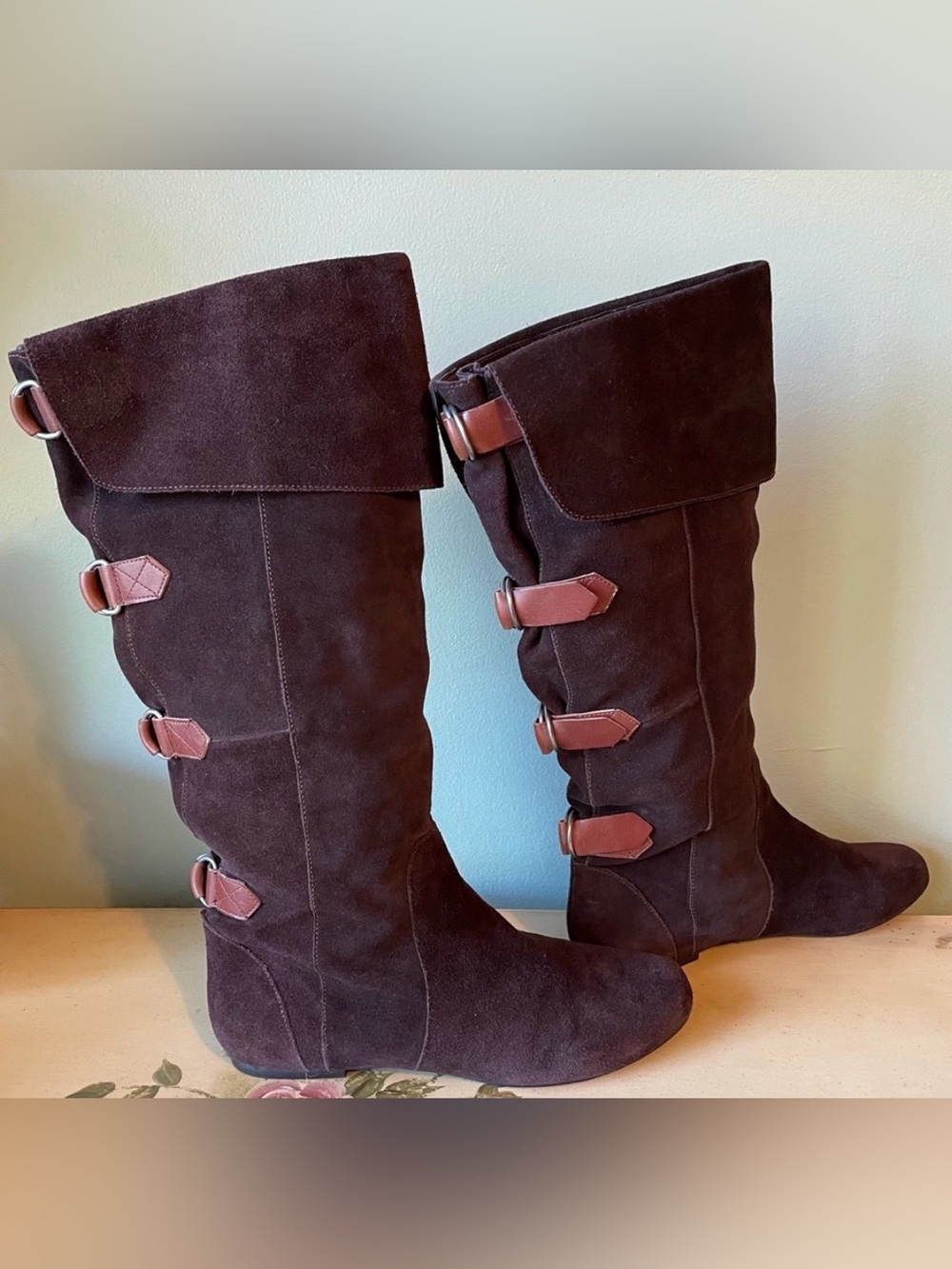 Dolce Vita “Brody” Brown Cuffed Suede Boho Leather Back Buckle Boots